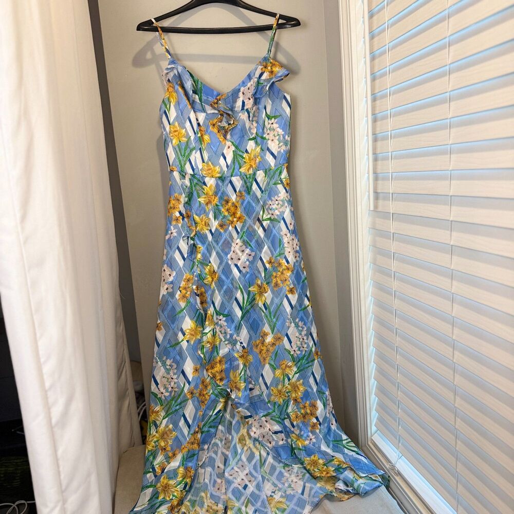 Kensie Women's 8 Blue White Floral Hi Low Ruffle Strap Sundress Boho